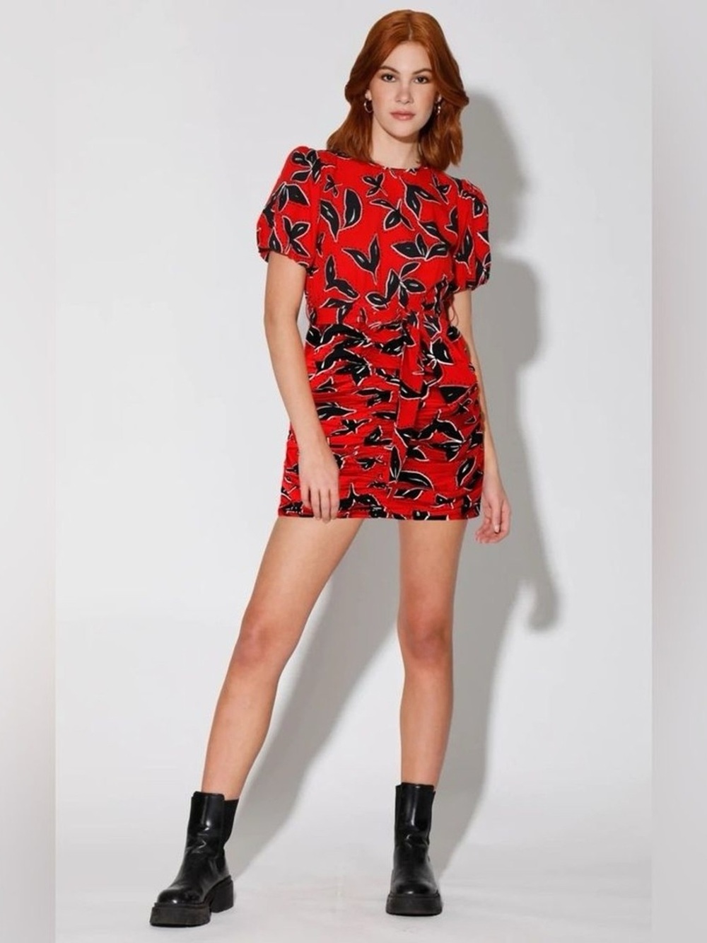 Walter Baker Red Floral Tie-Waist Puff Sleeve Mini Dress NWOT